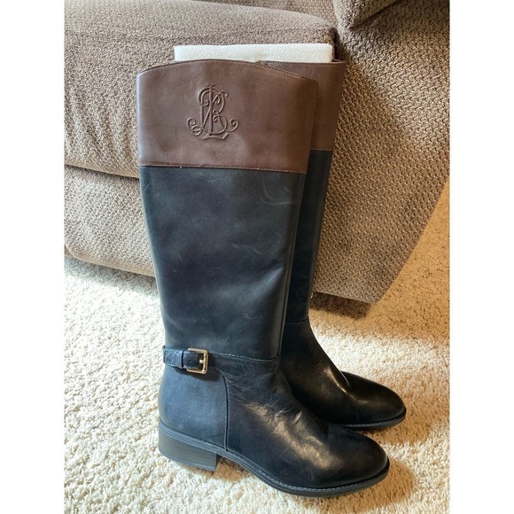 Ralph Lauren Madison burnished riding boot Black brown buckle NWT size 9 Women’s - Picture 1 of 6
